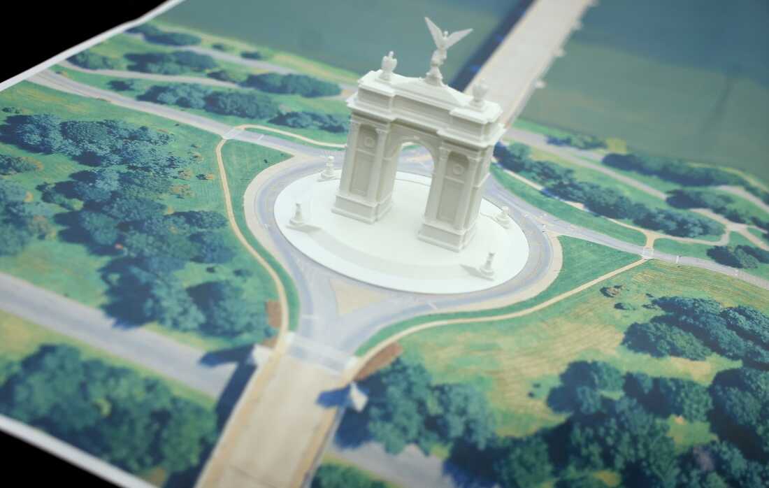 This model of President Trump's proposed triumphal arch was shown at a White House press conference on Oct. 15, 2025.