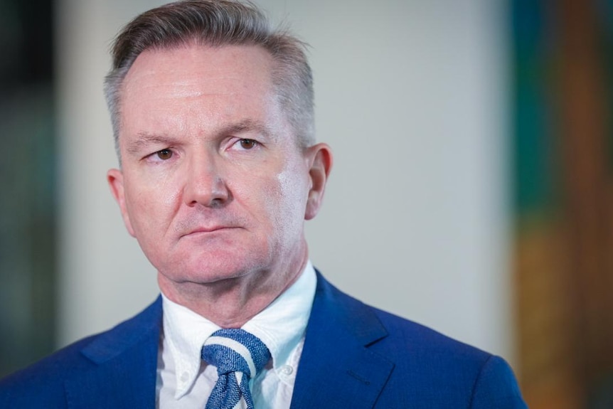 Chris Bowen wearing a suit looking serious.