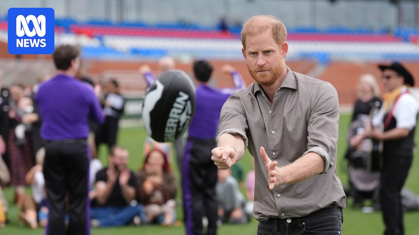 Prince Harry shows off footy skills at men's mental health event in Melbourne's west