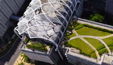 An aerial view of building rooftops, produced using Gaussian splat technology