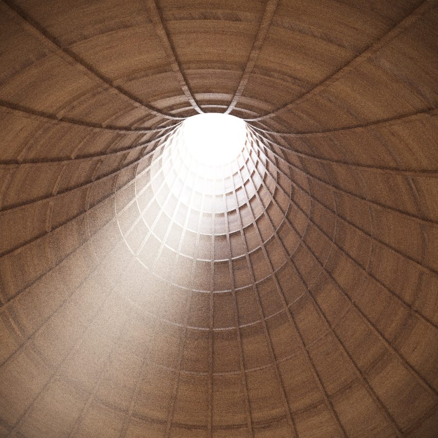 Towering timber pavilion interior
