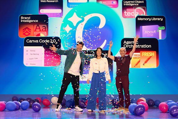 Canva founders (from left) Cliff Obrecht, Melanie Perkins and Cameron Adams have unveiled a new AI-based product push in LA.