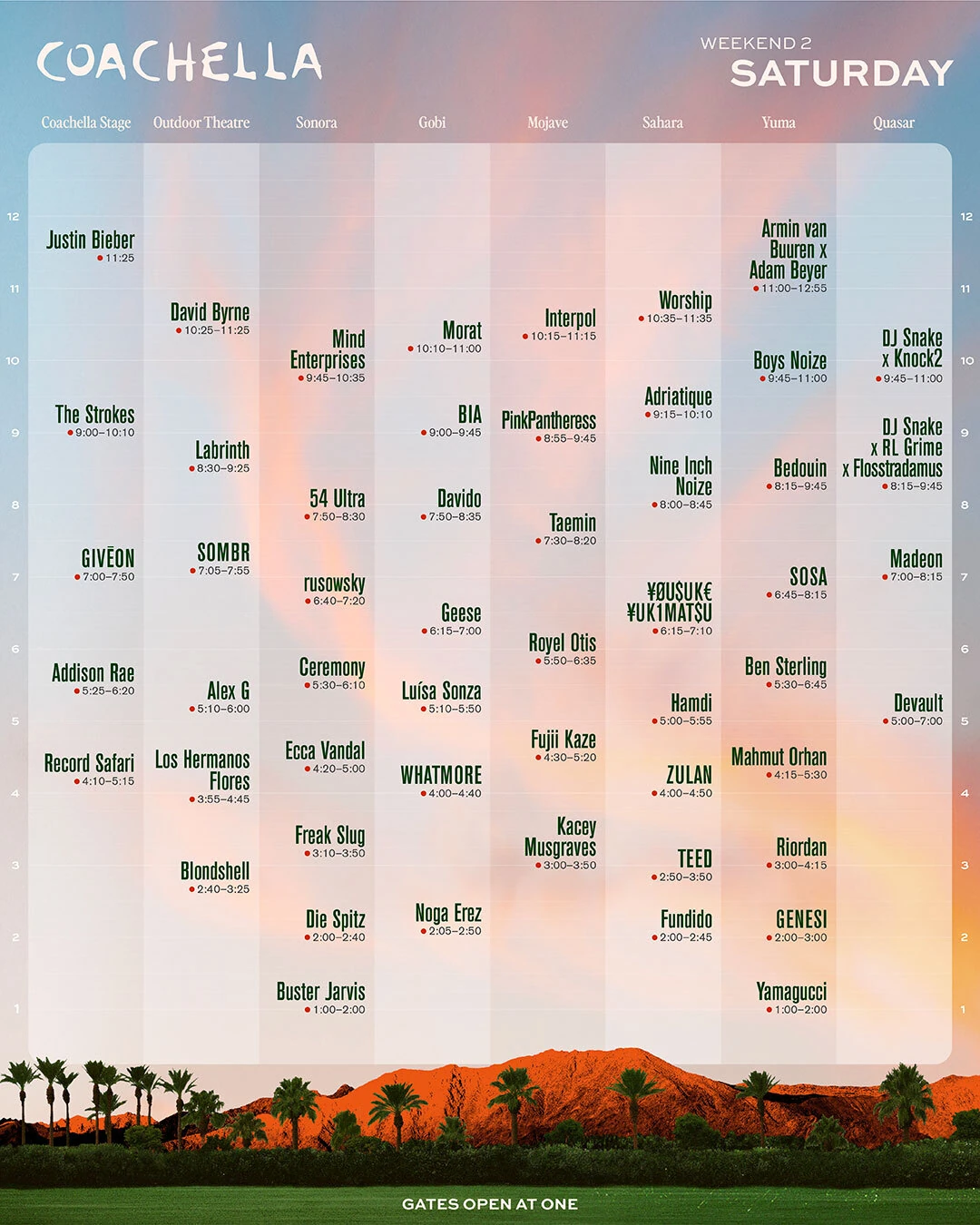 Coachella 2026 weekend two schedule Saturday