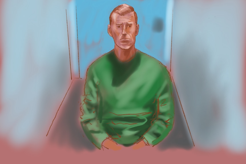 A sketch of Ben Roberts-Smith sitting in a small room wearing a green jumper.