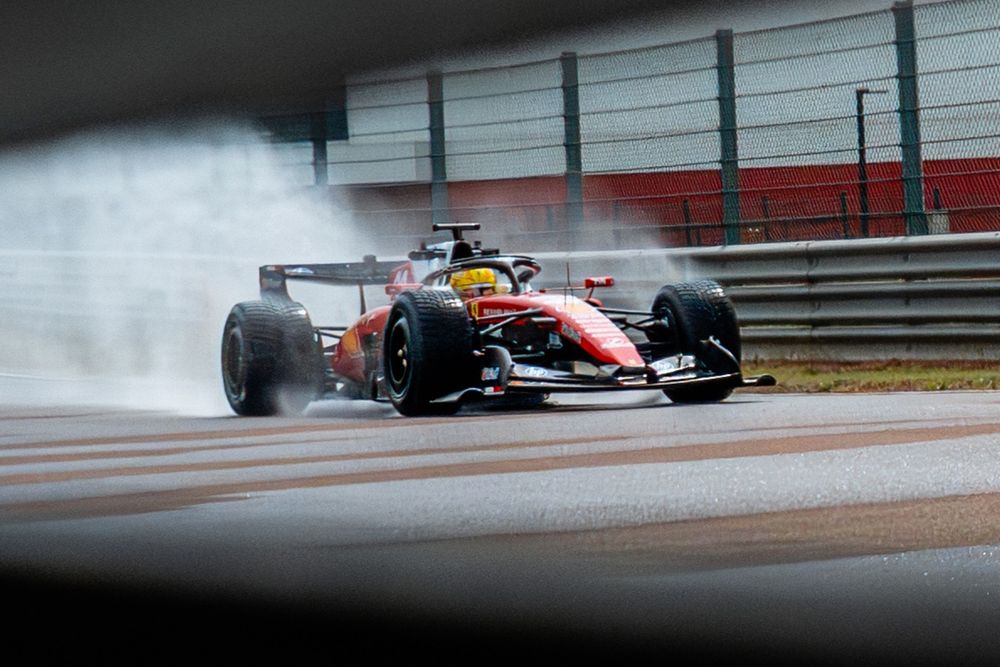 Lewis Hamilton tests Pirelli's rain tyres at Fiorano in the SF-26