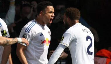 Noah Okafor celebrates after putting Leeds 2-0 up against Wolves