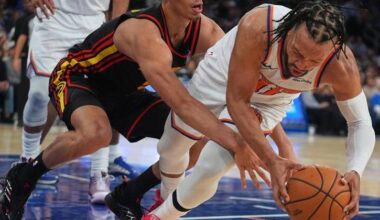 Atlanta's Dyson Daniels made sure the Knicks' Jalen Brunson knew he will compete all series long. Photo: AP PHOTO