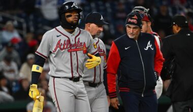 Braves' Ronald Acuna Jr. hit by pitches twice, then exits