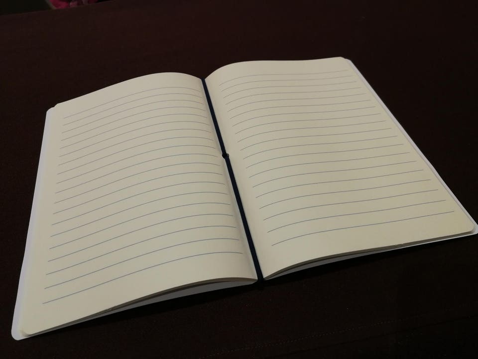 Paper, stationery.  Opened notebook paper on brown background.
