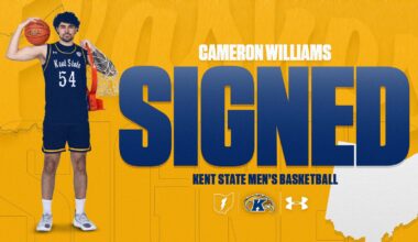 "Kent State Men's Basketball signing announcement graphic for Latif Diouf. A gold background features Diouf in a navy number 2 Kent State uniform, holding a basketball over his shoulder with a basketball net draped around him. A white outline of the state of Ohio appears in the lower right. Text reads 'Latif Diouf – Signed – Kent State Men's Basketball.' The Ohio Flash, Kent State Golden Flashes, and Under Armour logos appear in the center right."
