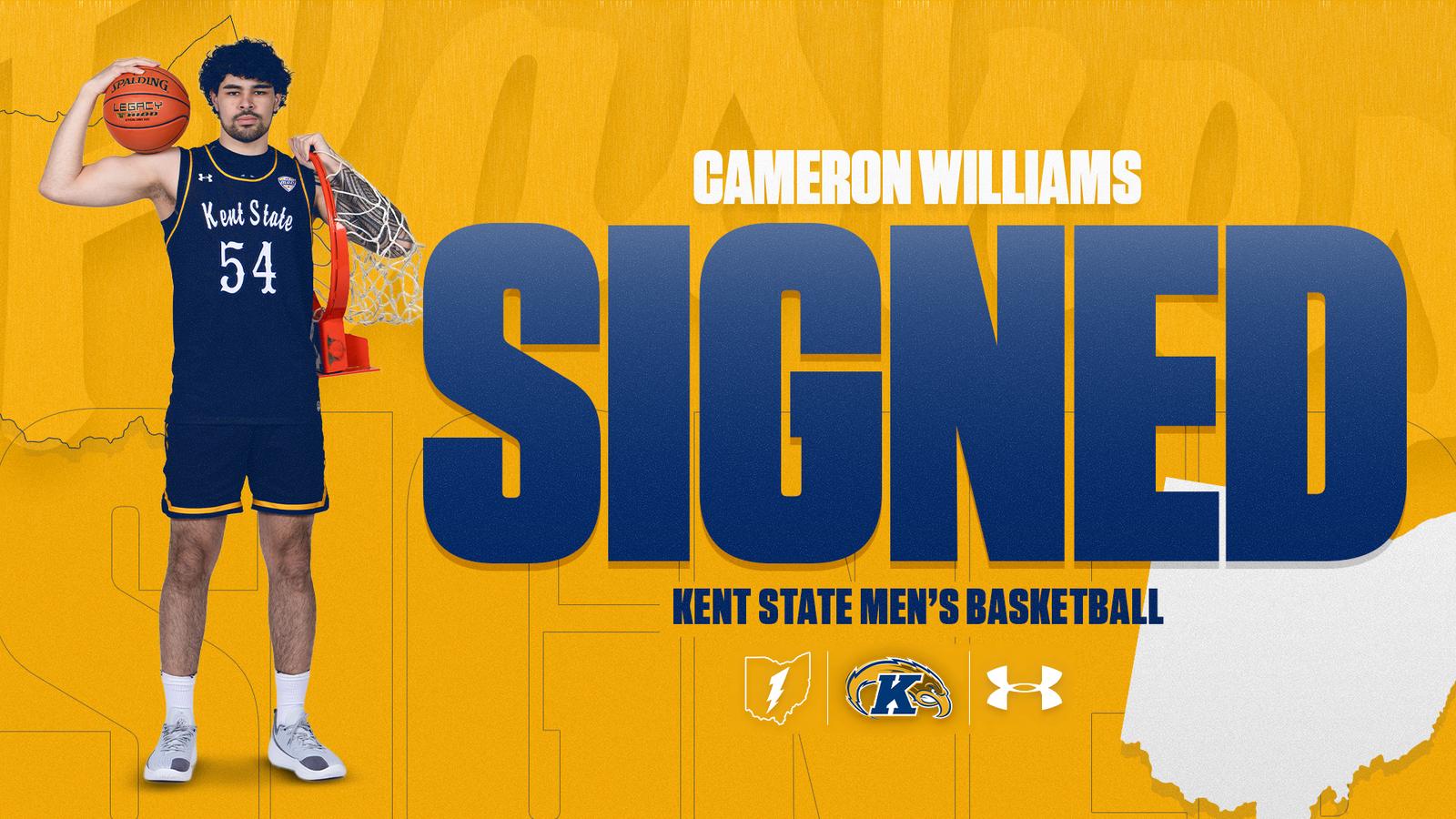 "Kent State Men's Basketball signing announcement graphic for Latif Diouf. A gold background features Diouf in a navy number 2 Kent State uniform, holding a basketball over his shoulder with a basketball net draped around him. A white outline of the state of Ohio appears in the lower right. Text reads 'Latif Diouf – Signed – Kent State Men's Basketball.' The Ohio Flash, Kent State Golden Flashes, and Under Armour logos appear in the center right."