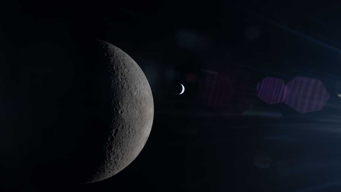 Taken from space, this photo shows the Moon and Earth in the same frame. The Moon’s surface appears in sharp detail in the foreground, while Earth sits much farther away, smaller and softly lit in the background.