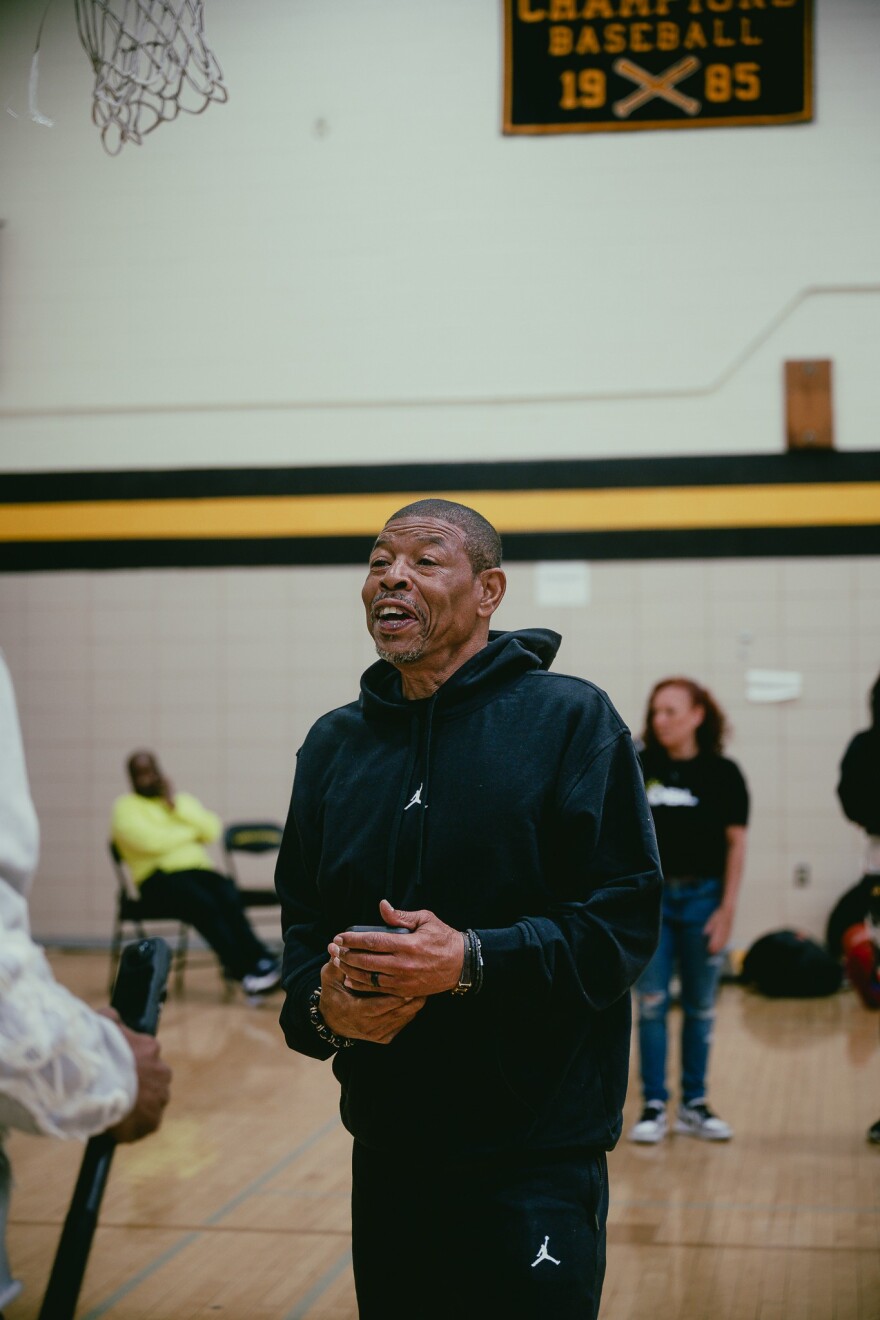 Muggsy Bogues talks to players trying out for his Baltimore team in the OBL