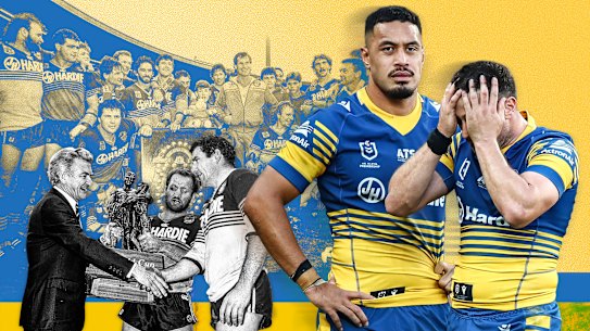 Prime minister Bob Hawke presents Ray Price and Mick Cronin with the premiership trophy in 1986, but are captain Mitchell Moses and the Eels any closer to another title?