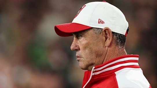 Dragons coach Shane Flanagan during Saturday’s loss to South Sydney, his final game in charge.