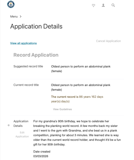 Screenshot guinness world record application marie carpenter planking grandma