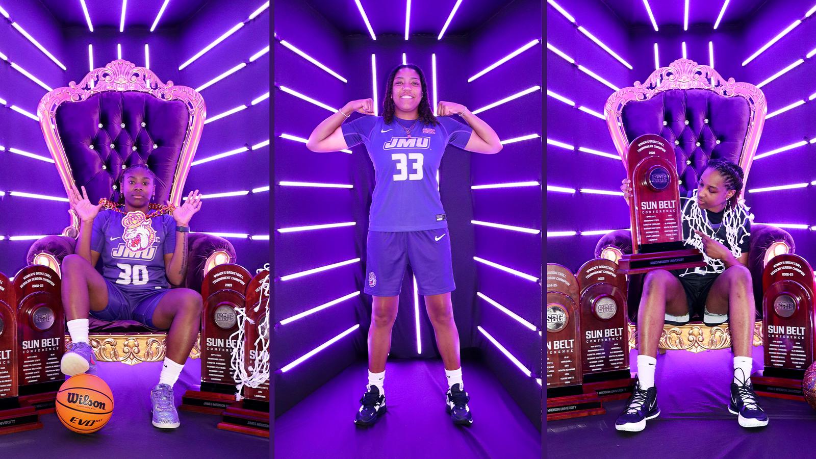 Women's basketball celebrates with Sun Belt trophy and signage at the Sun Belt Conference Championship at the Pensacola Bay Center