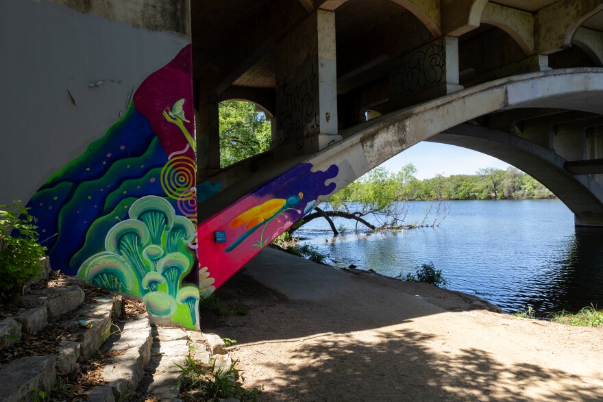 ‘Reverie Underarch’ by Victoria Marquez depicts large, vibrant creatures at the southside Lamar Bridge Underpass in Austin, Texas, on April 6, 2026. Joe Ferrara / KUT News