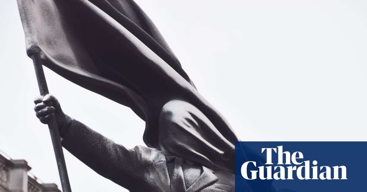 Statue with Banksy signature of man blinded by flag appears in London | Banksy