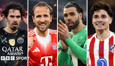 Graphic of Vitinha, Harry Kane, David Raya and Julian Alvarez