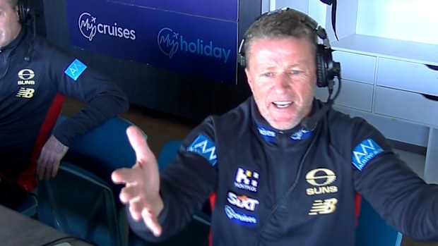 Gold Coast coach Damien Hardwick reacts to the decision.