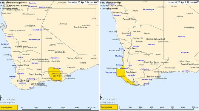 The warning was issued on Monday afternoon with towns including Bunbury, Busselton, Margaret River, Augusta, Dunsborough and Walpole.