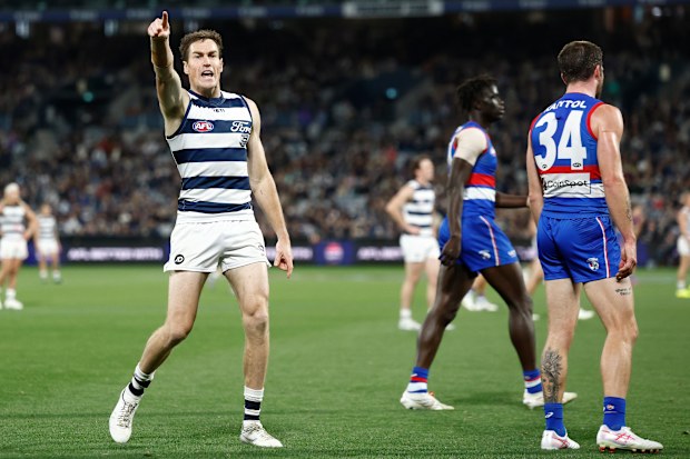 GEELONG, AUSTRALIA - APRIL 17: Jeremy Cameron of the Cats celebrates a goal during the 2026 AFL Round 06 match between the Geelong Cats and the Western Bulldogs at GMHBA Stadium on April 17, 2026 in Geelong, Australia. (Photo by Michael Willson/AFL Photos via Getty Images)