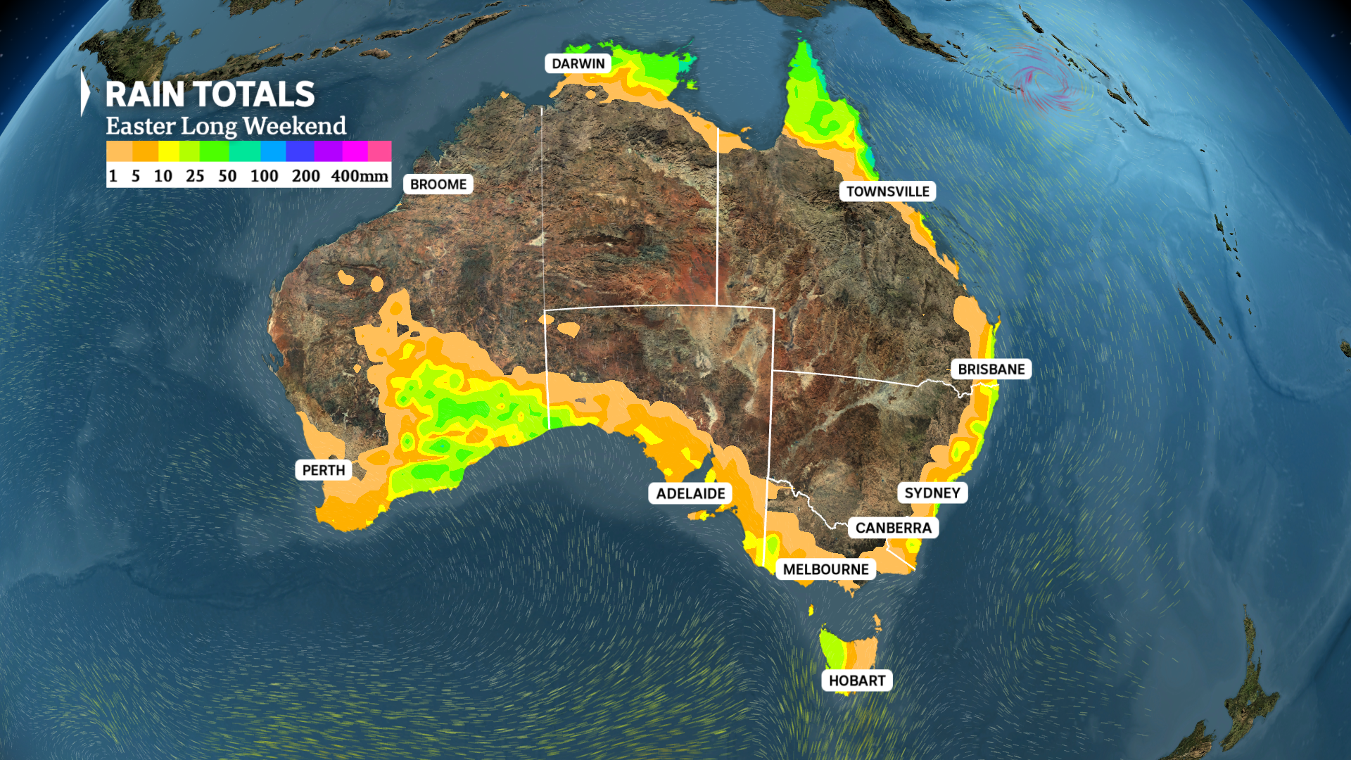 A map of Australia with expected rain totals for the Easter long weekend, showing orange along the southern and eastern coasts.