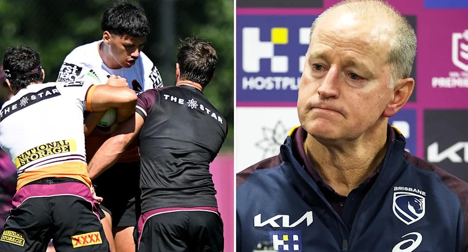 On the right is Broncos coach Michael Maguire and Brisbane forward Ben Te Kura on left.