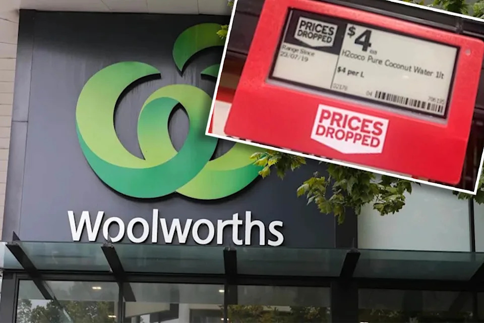 Main picture shows the front of a Woolworths store, and an inset shows a Prices Dropped shelf tag.