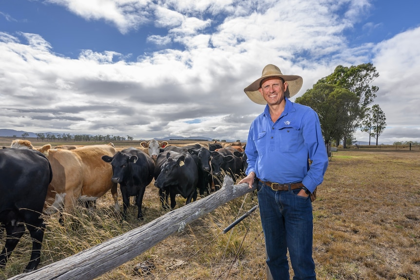 A smiling man in a broad-brimmed hat and blue shirt and jeans, standing beside cattle.