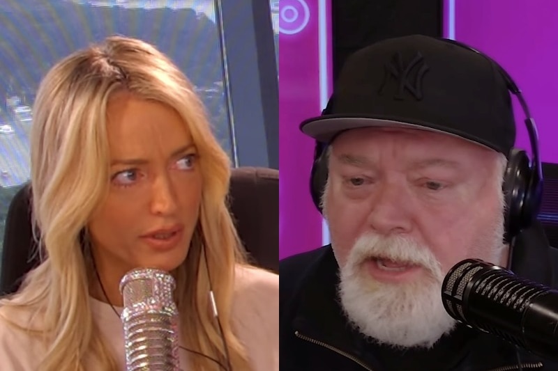 A composite of Jackie Henderson and Kyle Sandilands in studio, speaking into both their radio microphones.