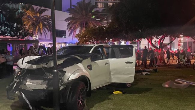 The ute came to a stop when it smashed into a light pole.