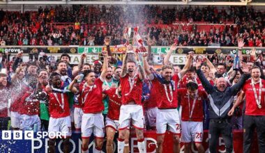 Wrexham's players celebrate promotion to the Championship in 2025