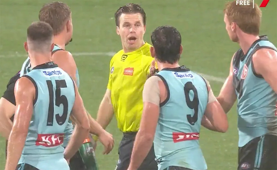 Umpire Nick Foot, pictured here reporting Zak Butters during the game.