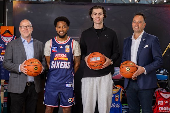 From left: Nine’s director of sport Brent Williams, NBL star Bryce Cotton, NBA star Josh Giddey and NBL CEO Dave Stevenson.