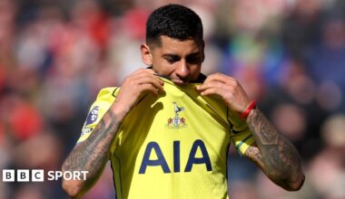 Tottenham's Cristian Romero bites his shirt as he is substituted in their Premier League game against Sunderland