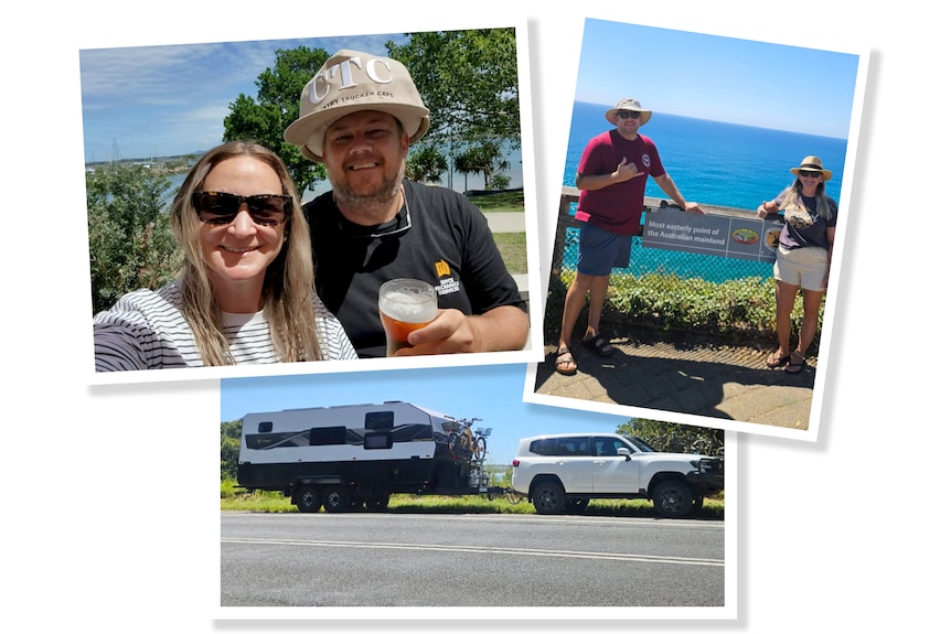 A collection of pictures of a couple caravanning and sightseeing