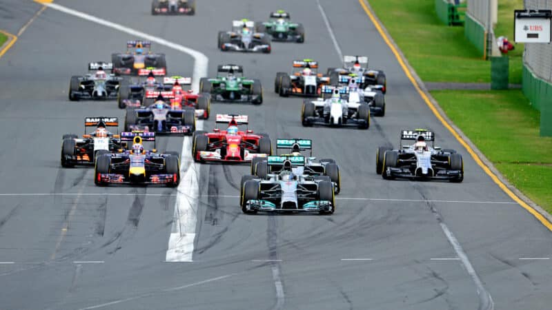 Lewis Hamilton (Mercedes) leads the field at the start of the 2014 Australian Grand Prix