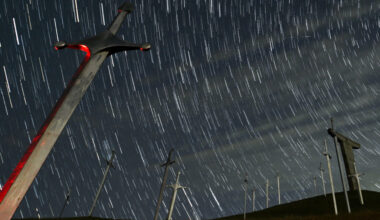 A view shows stars and meteor trails in the night sky above the Battle of Didgori memorial complex in Didgori