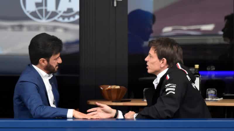 Mohammed ben Sulayem and Toto Wolff (Mercedes) in discussuion at the 2023 British Grand Prix