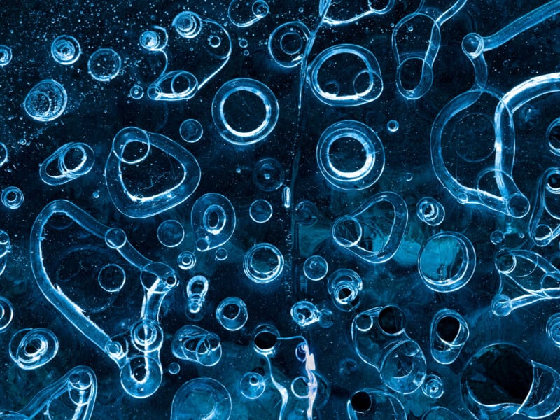 Close-up view of numerous circular and oval air bubbles trapped in blue ice, forming abstract, transparent patterns against a dark background.