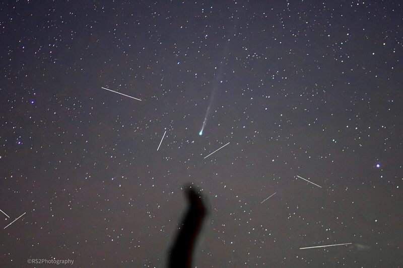 A comet with the shadow of a branch plus short streaks of light of satellites.