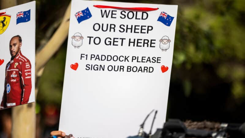 Fans with sign before the 2026 Australian Grand Prix