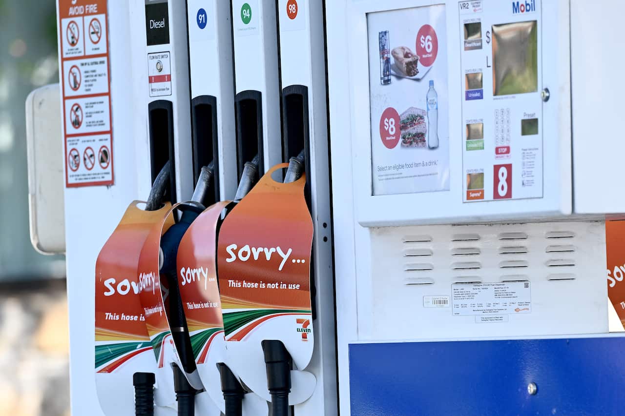 A petrol station is seen with no petrol available and all pumps out of service
