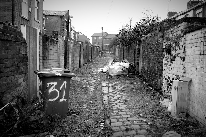 Narrow back street with a rubbish bin outside a home.