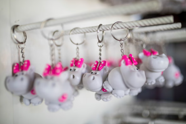 Hippo key rings are displayed for sale at a souvenir shop near the Hacienda Nápoles Park in 2020. 