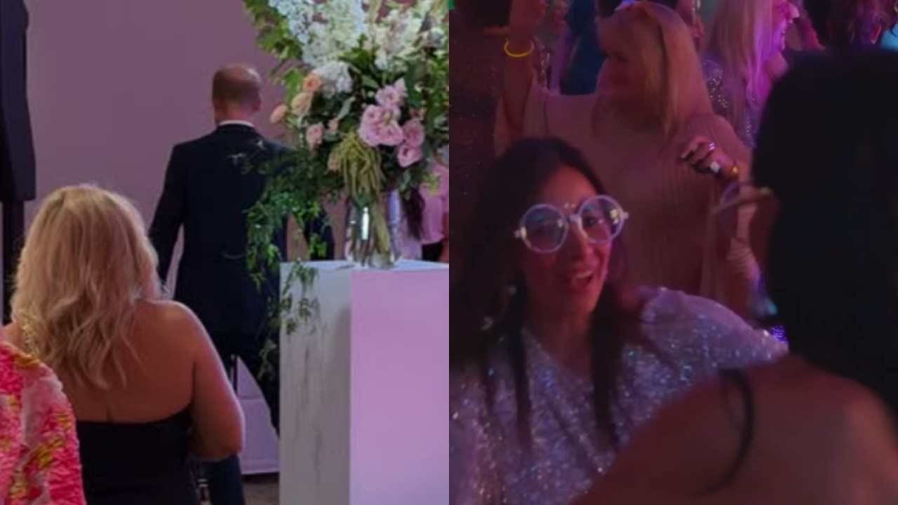 Prince Harry caught on camera fleeing Meghan Markle's $3000-a-head women-only retreat before disco party kicks off