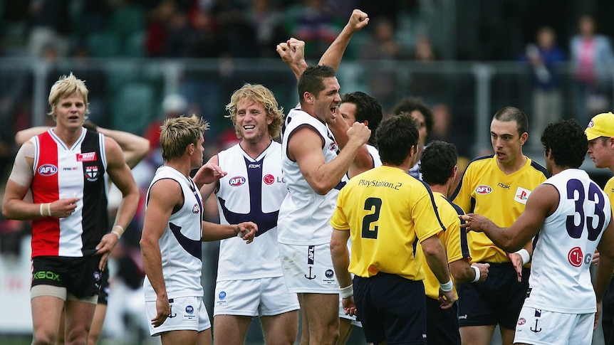 Dockers players celebrate prematurely at York Park