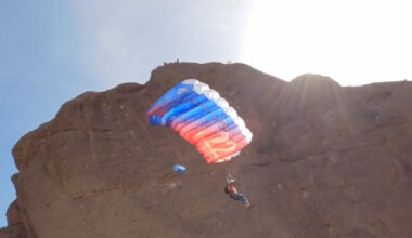 Parachute BASE jump off a cliff in Arizona